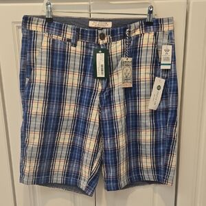Flat Front Plaid Men’s Shorts in Blue and Cream